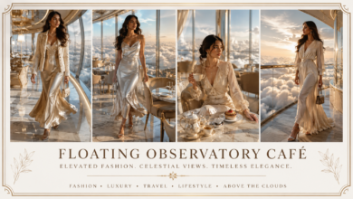 Women Luxury Floating Observatory Café Outfit | Celestial Coffeehouse Fashion That Looks Dreamy & Effortlessly Elegant